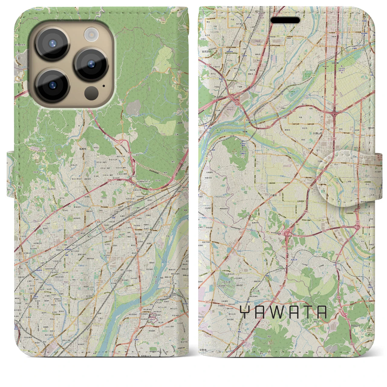 【八幡(京都府)】地図柄iPhoneケース(手帳タイプ)ナチュラル・iPhone 14 Pro Max 用