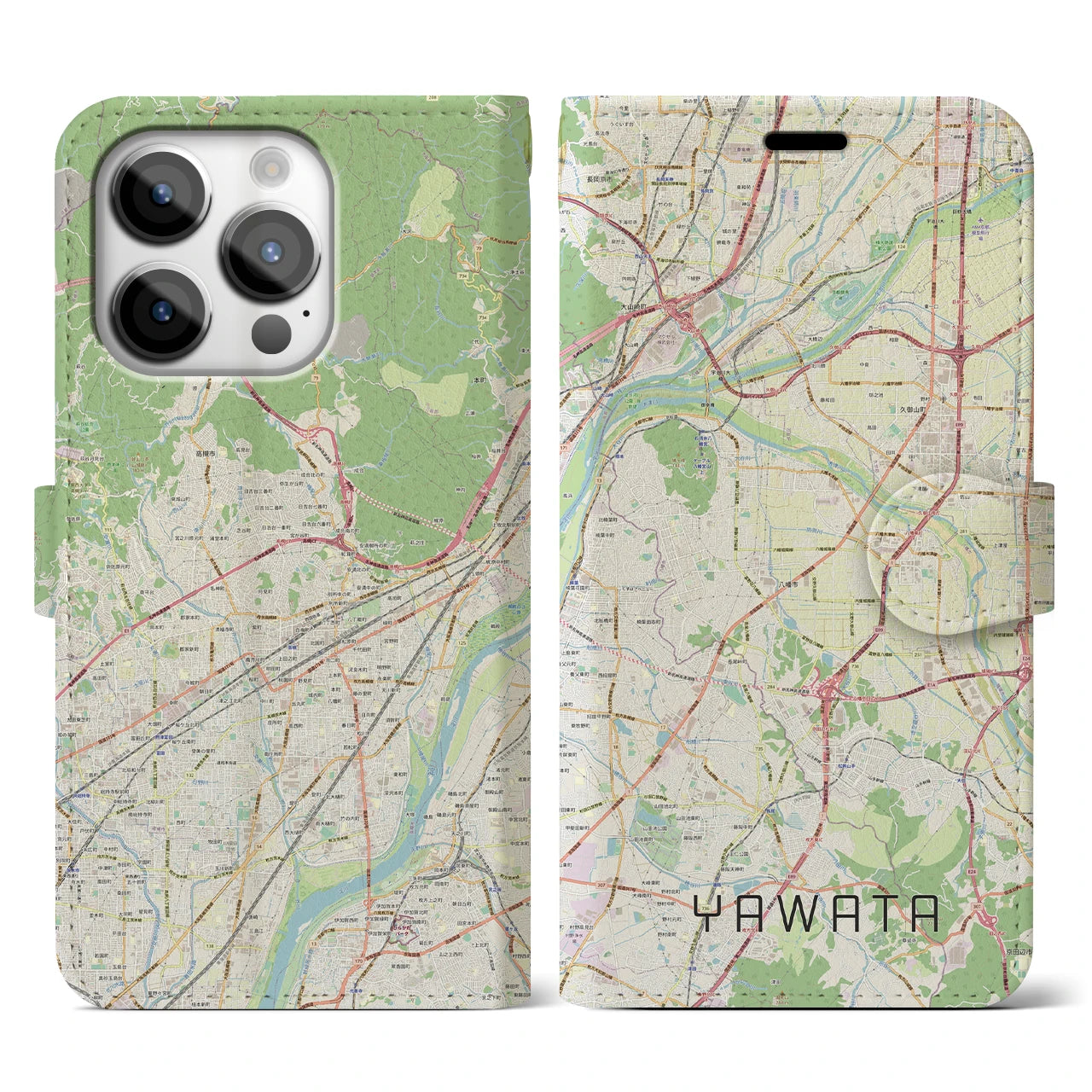 【八幡(京都府)】地図柄iPhoneケース(手帳タイプ)ナチュラル・iPhone 14 Pro 用