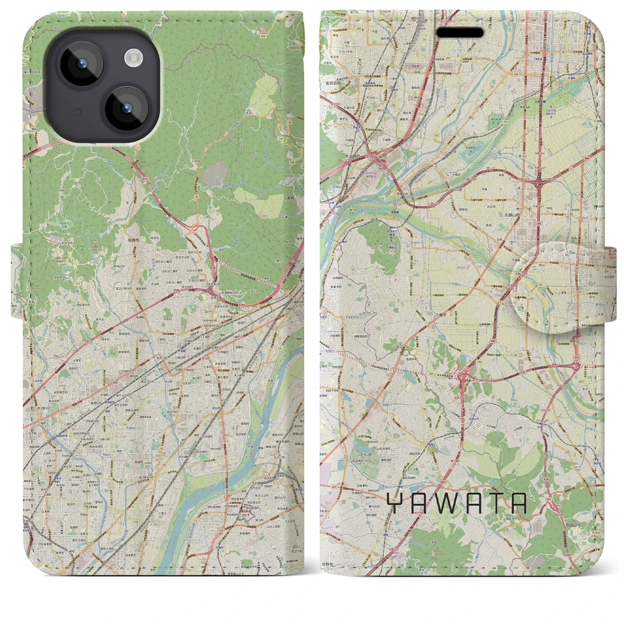 【八幡(京都府)】地図柄iPhoneケース(手帳タイプ)ナチュラル・iPhone 14 Plus 用