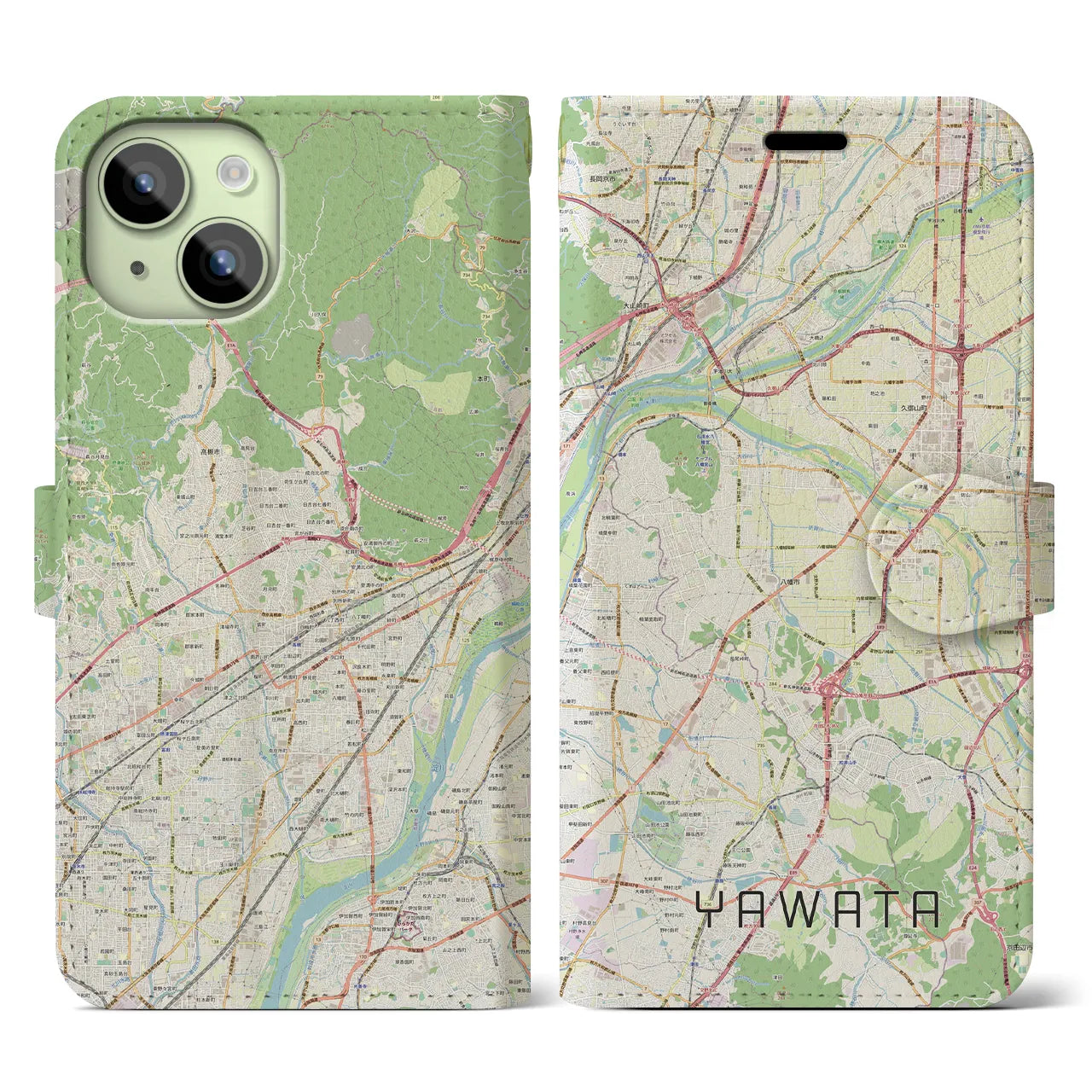 【八幡(京都府)】地図柄iPhoneケース(手帳タイプ)ナチュラル・iPhone 15 用