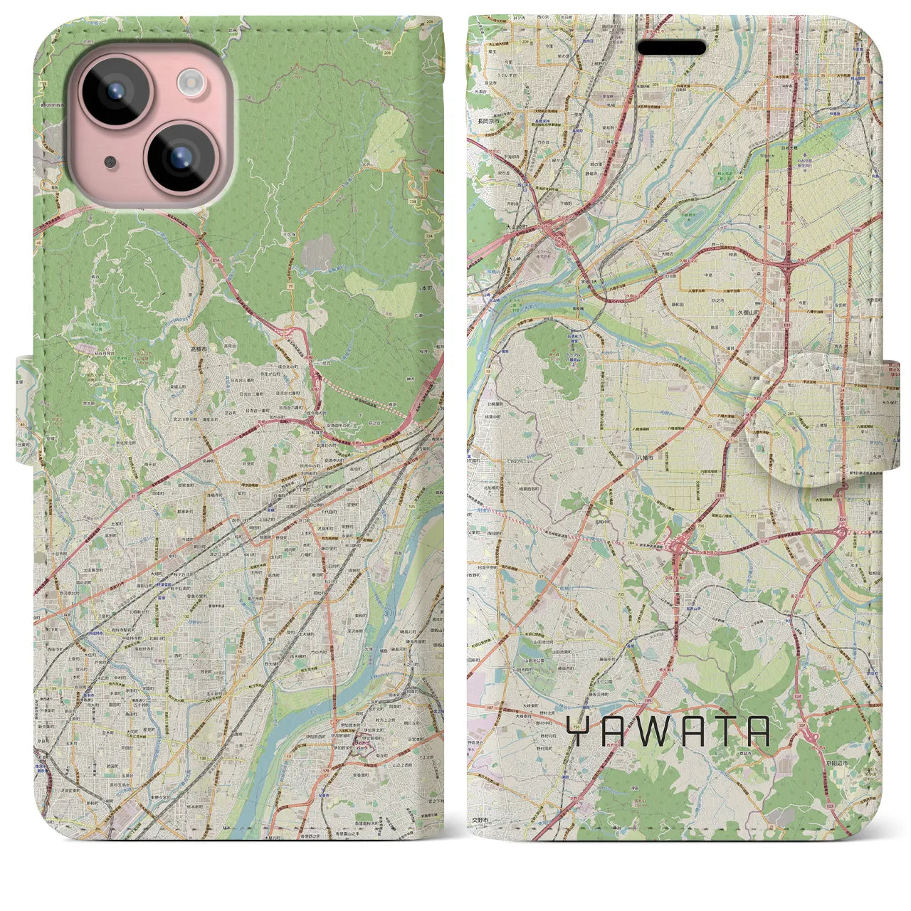 【八幡(京都府)】地図柄iPhoneケース(手帳タイプ)ナチュラル・iPhone 15 Plus 用