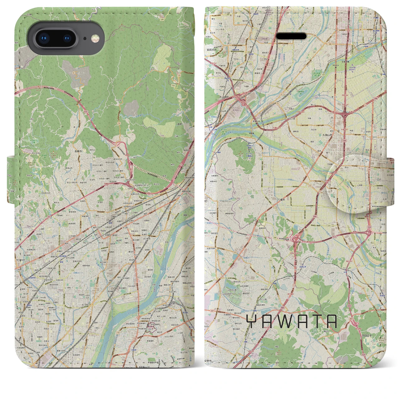 【八幡(京都府)】地図柄iPhoneケース(手帳タイプ)ナチュラル・iPhone 8Plus /7Plus / 6sPlus / 6Plus 用