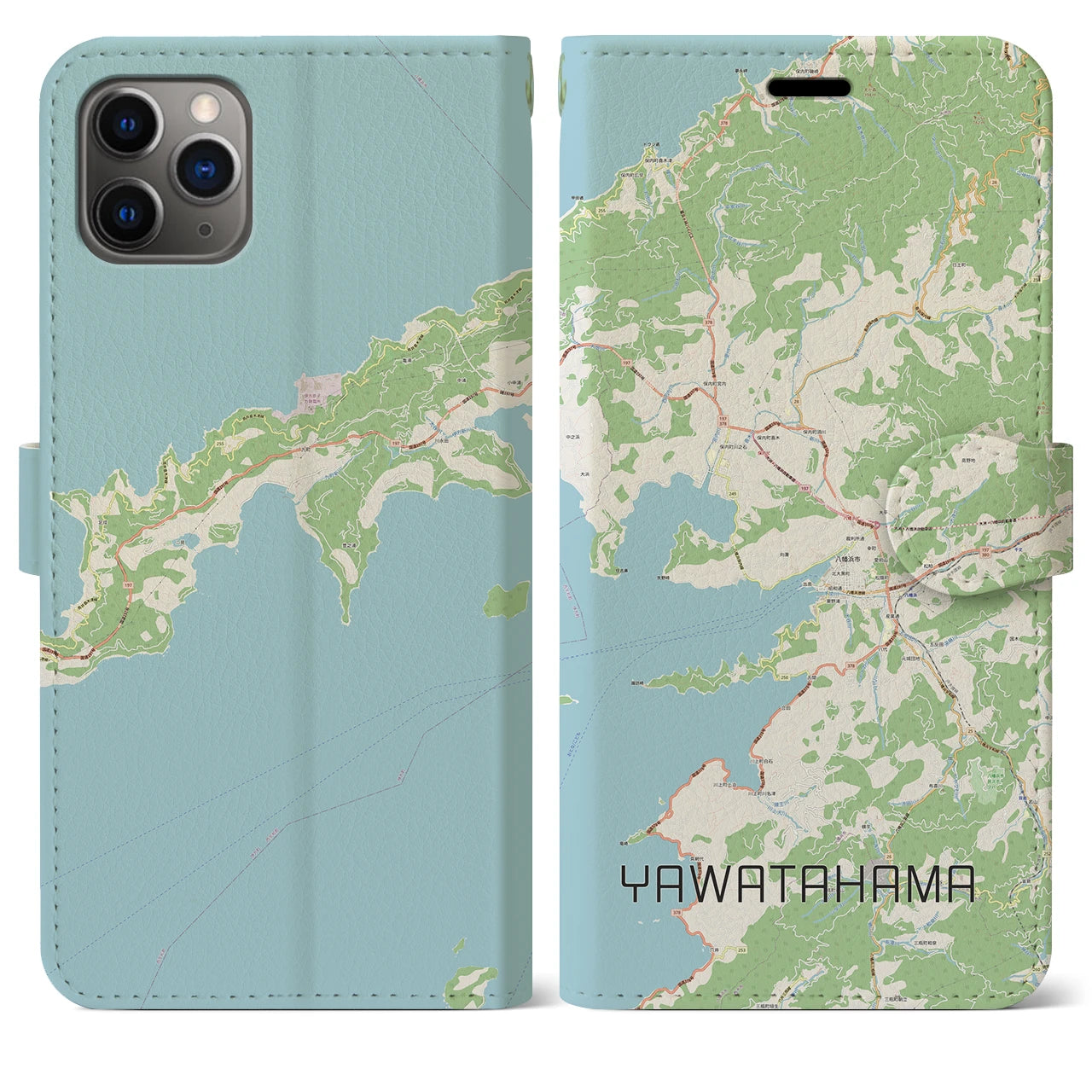 【八幡浜(愛媛県)】地図柄iPhoneケース(手帳タイプ)ナチュラル・iPhone 11 Pro Max 用