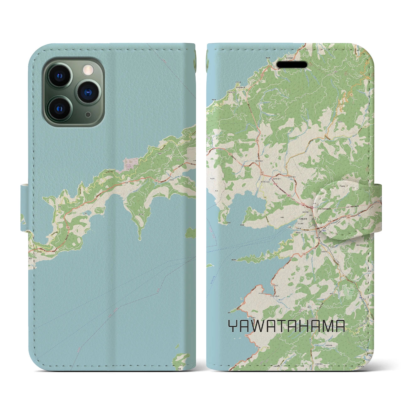 【八幡浜(愛媛県)】地図柄iPhoneケース(手帳タイプ)ナチュラル・iPhone 11 Pro 用