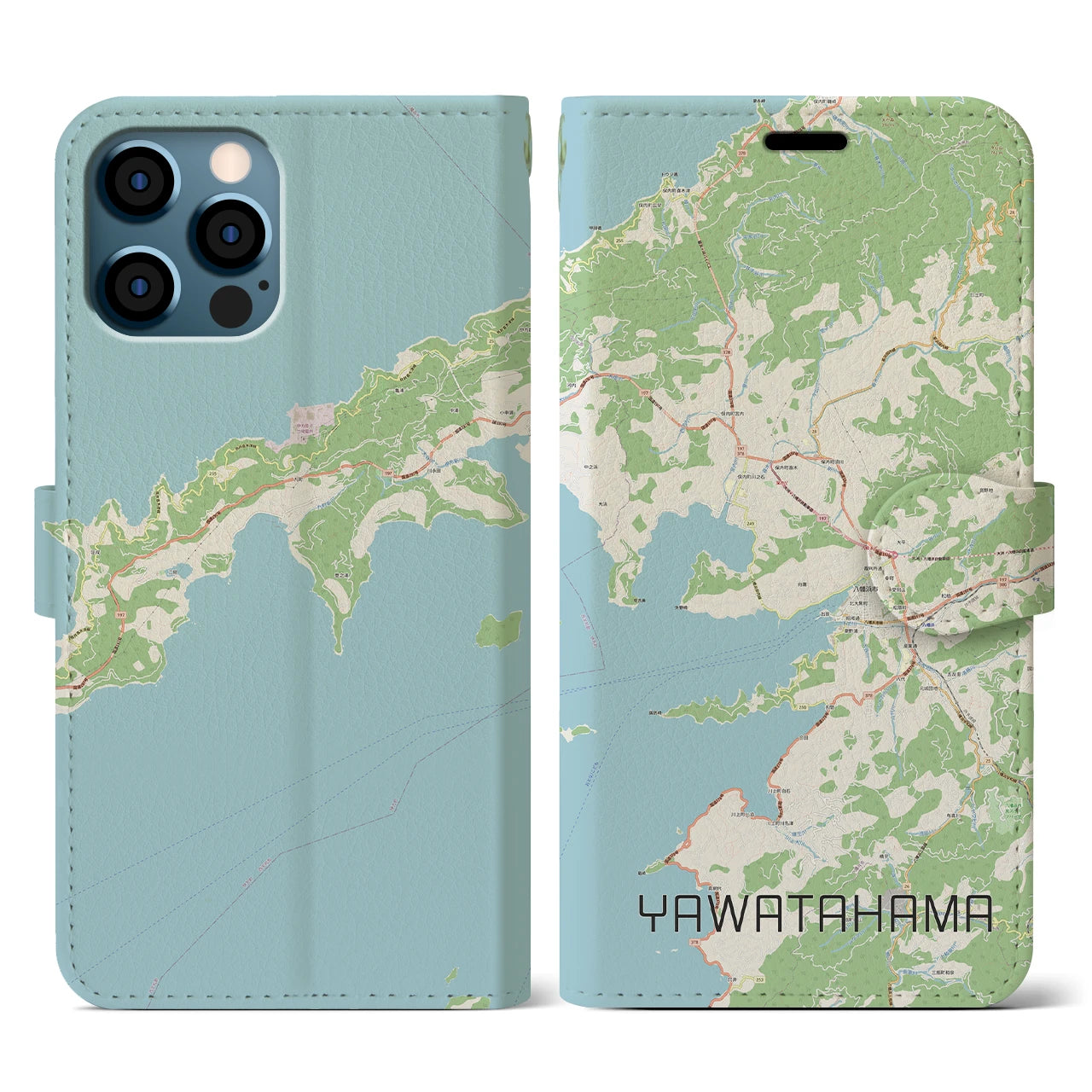 【八幡浜(愛媛県)】地図柄iPhoneケース(手帳タイプ)ナチュラル・iPhone 12 / 12 Pro 用