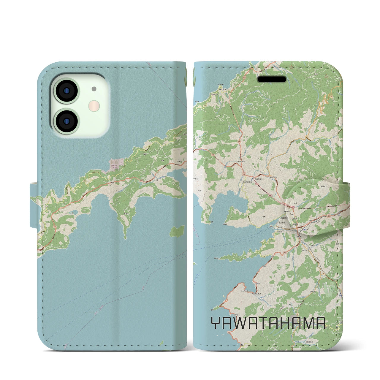 【八幡浜(愛媛県)】地図柄iPhoneケース(手帳タイプ)ナチュラル・iPhone 12 mini 用