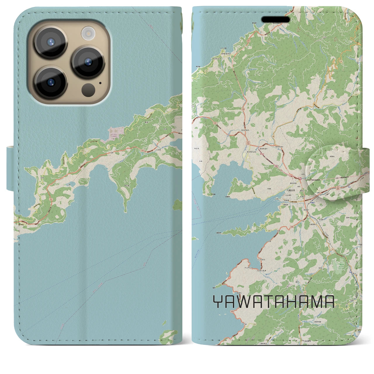 【八幡浜(愛媛県)】地図柄iPhoneケース(手帳タイプ)ナチュラル・iPhone 14 Pro Max 用