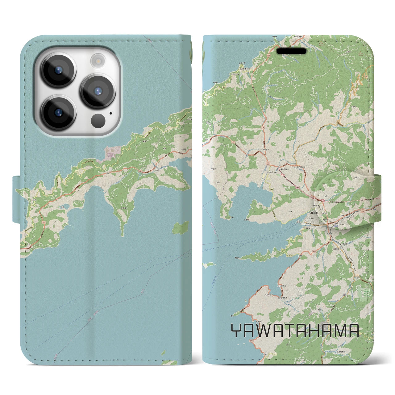 【八幡浜(愛媛県)】地図柄iPhoneケース(手帳タイプ)ナチュラル・iPhone 14 Pro 用
