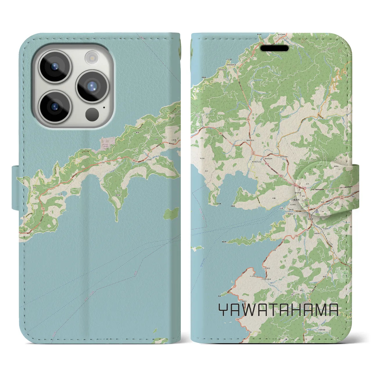 【八幡浜(愛媛県)】地図柄iPhoneケース(手帳タイプ)ナチュラル・iPhone 15 Pro 用