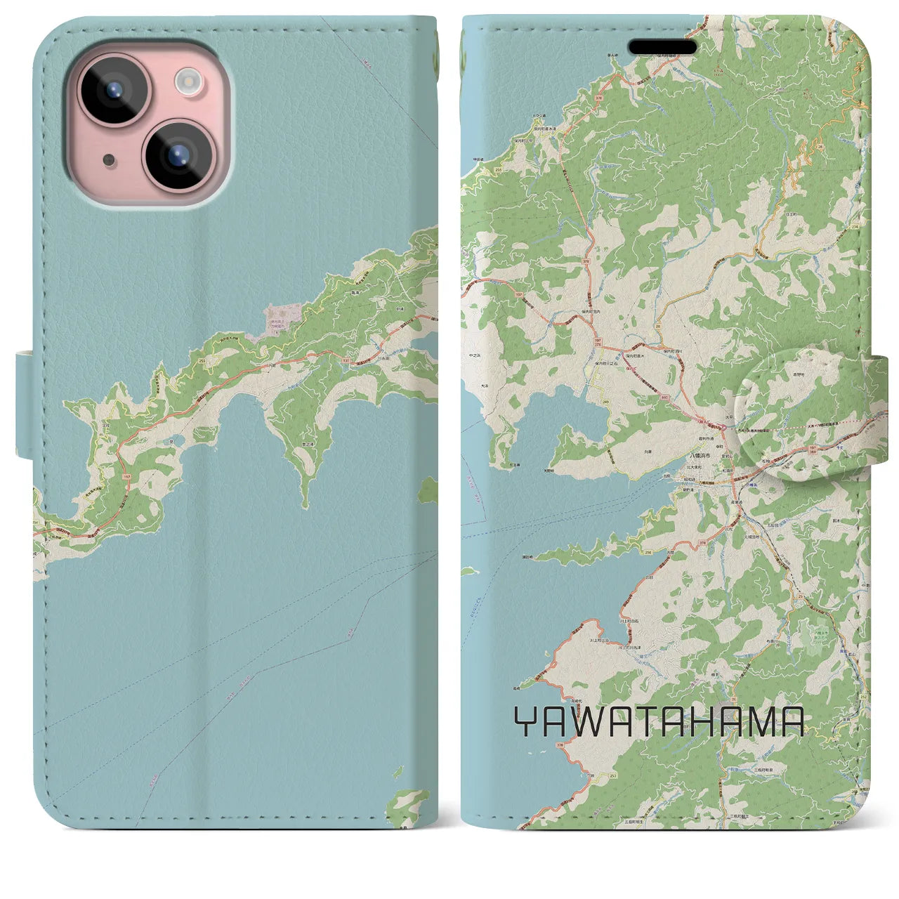 【八幡浜(愛媛県)】地図柄iPhoneケース(手帳タイプ)ナチュラル・iPhone 15 Plus 用