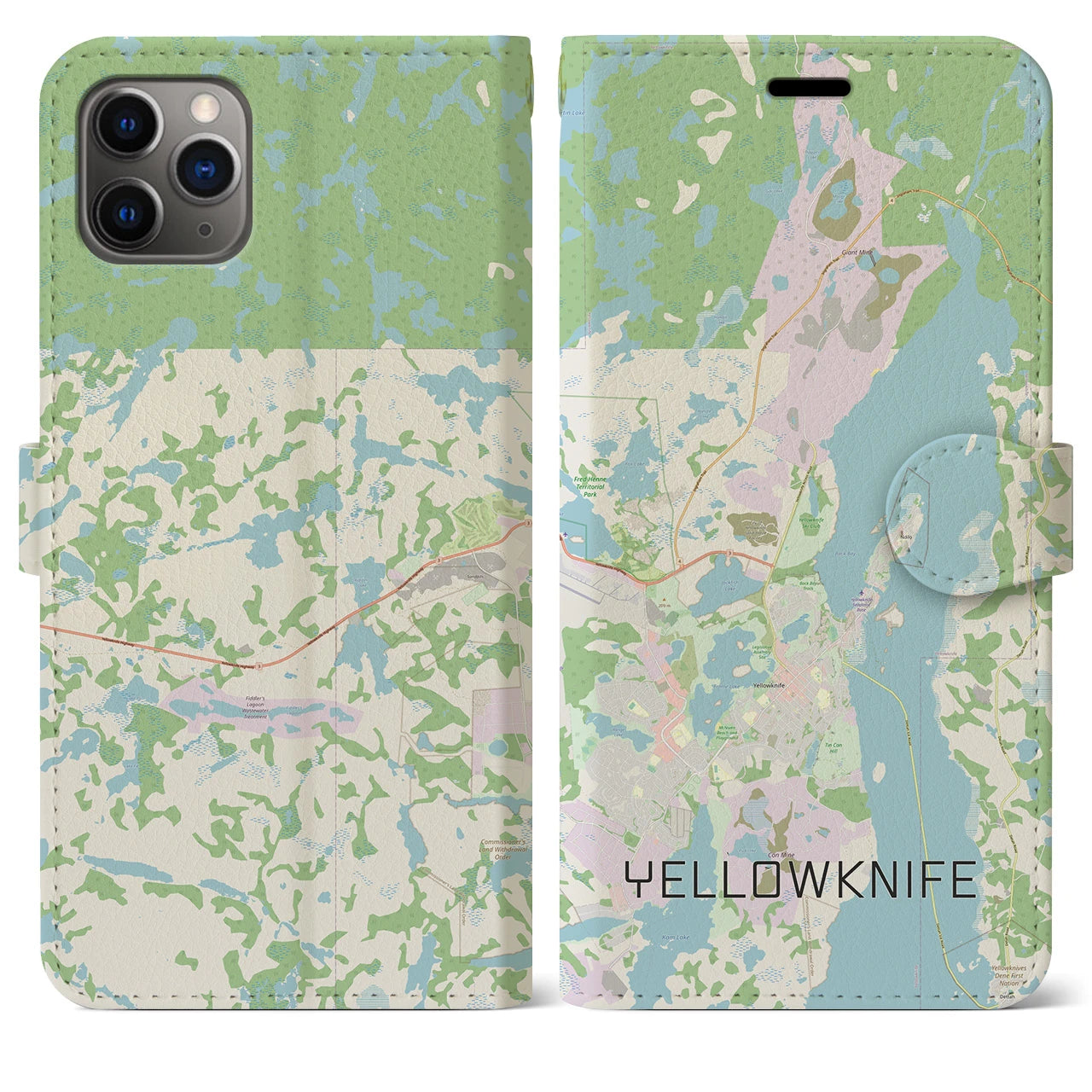 【イエローナイフ(カナダ)】地図柄iPhoneケース(手帳タイプ)ナチュラル・iPhone 11 Pro Max 用