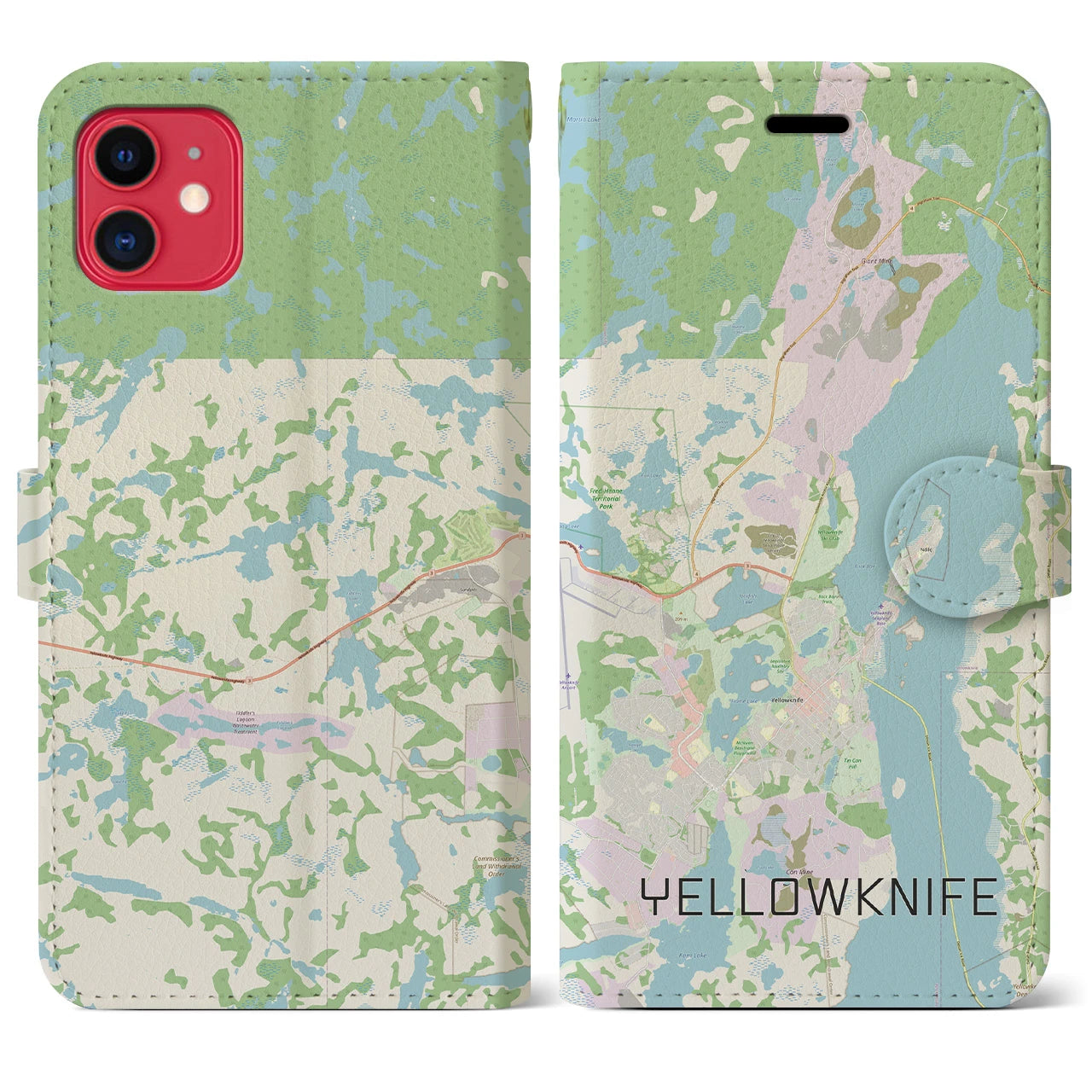 【イエローナイフ(カナダ)】地図柄iPhoneケース(手帳タイプ)ナチュラル・iPhone 11 用
