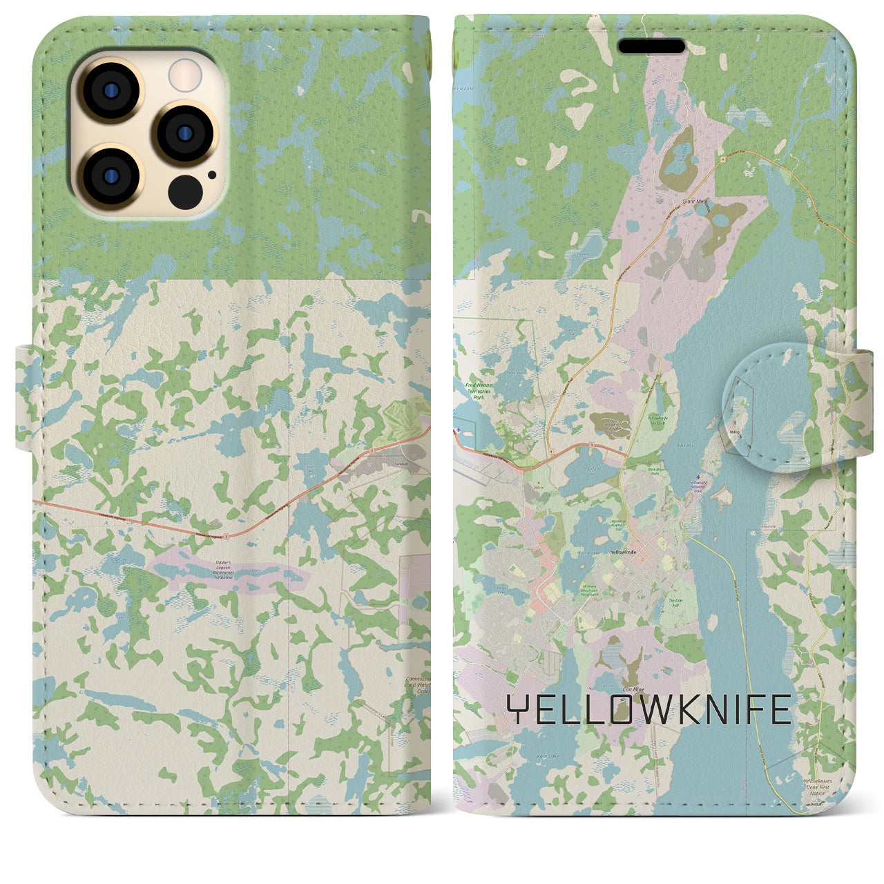 【イエローナイフ(カナダ)】地図柄iPhoneケース(手帳タイプ)ナチュラル・iPhone 12 Pro Max 用