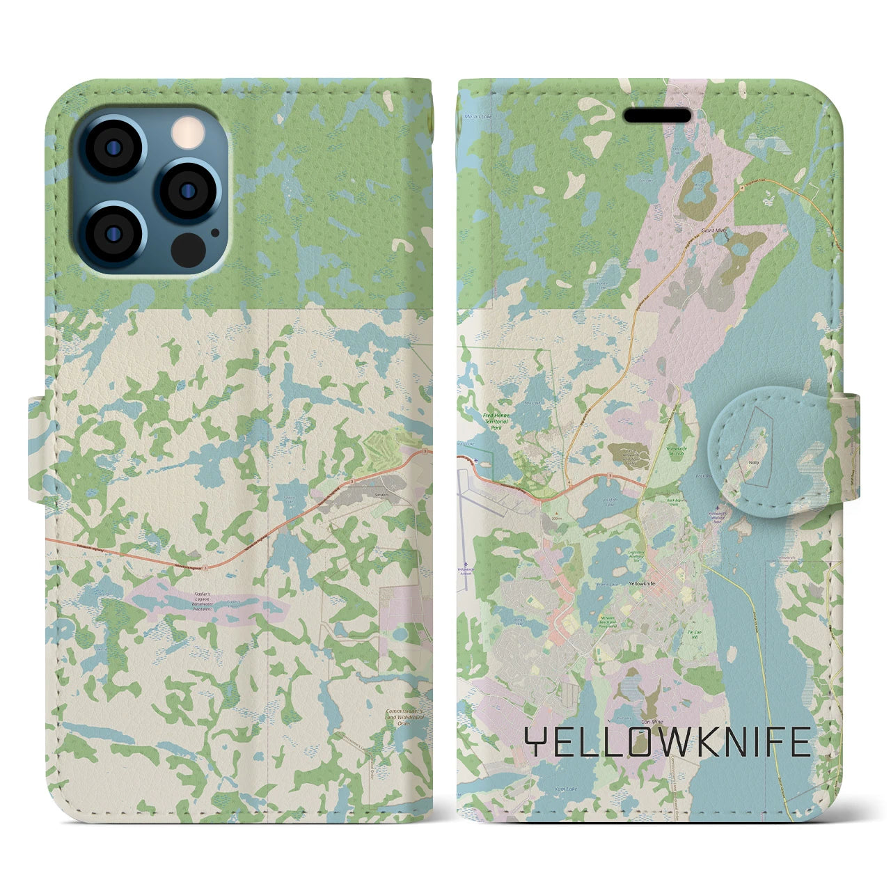 【イエローナイフ(カナダ)】地図柄iPhoneケース(手帳タイプ)ナチュラル・iPhone 12 / 12 Pro 用