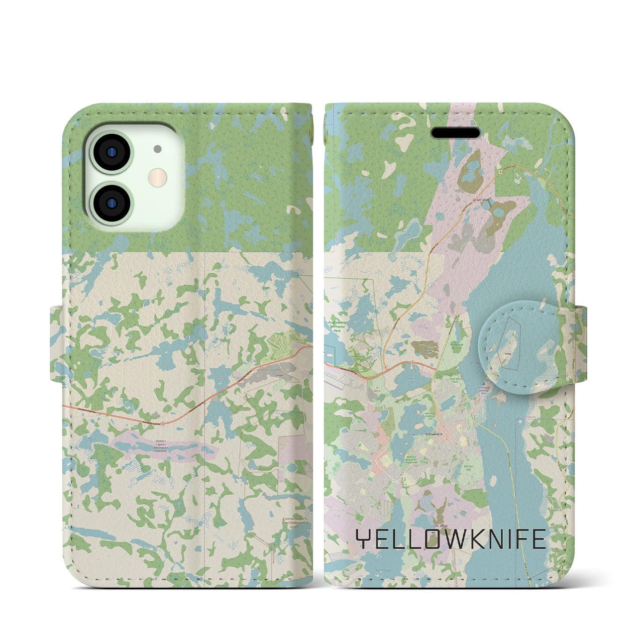 【イエローナイフ(カナダ)】地図柄iPhoneケース(手帳タイプ)ナチュラル・iPhone 12 mini 用
