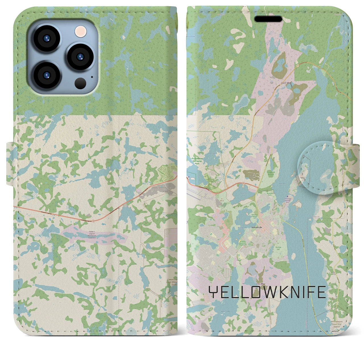 【イエローナイフ(カナダ)】地図柄iPhoneケース(手帳タイプ)ナチュラル・iPhone 13 Pro Max 用