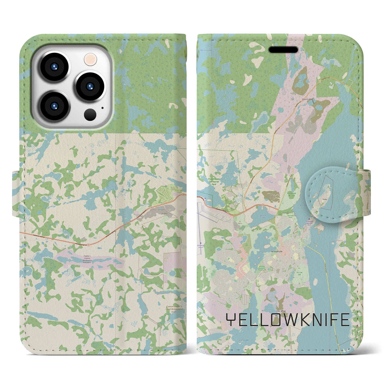 【イエローナイフ(カナダ)】地図柄iPhoneケース(手帳タイプ)ナチュラル・iPhone 13 Pro 用