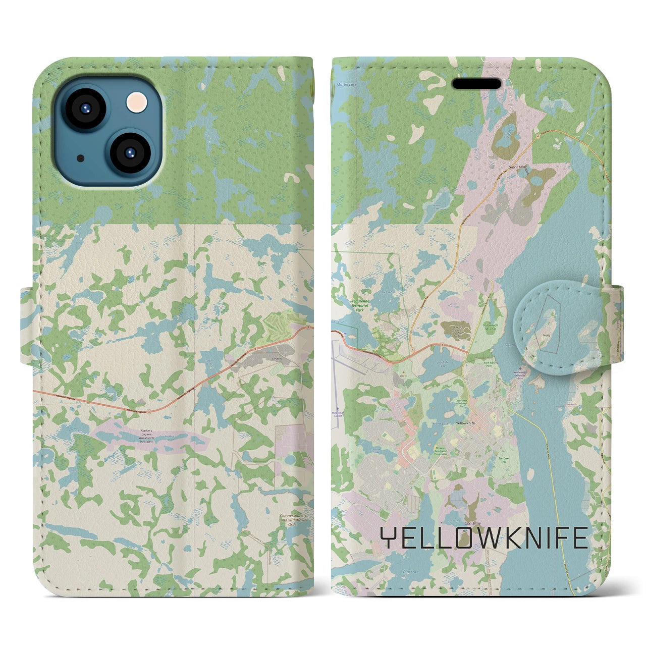 【イエローナイフ(カナダ)】地図柄iPhoneケース(手帳タイプ)ナチュラル・iPhone 13 用