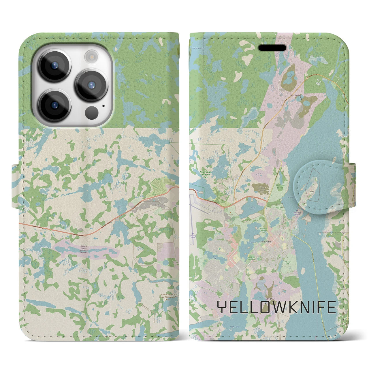 【イエローナイフ(カナダ)】地図柄iPhoneケース(手帳タイプ)ナチュラル・iPhone 14 Pro 用