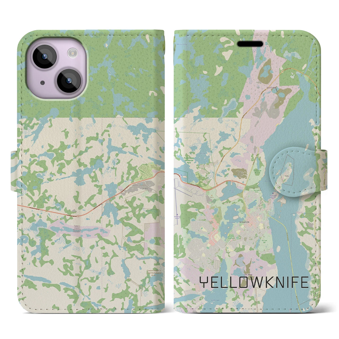 【イエローナイフ(カナダ)】地図柄iPhoneケース(手帳タイプ)ナチュラル・iPhone 14 用