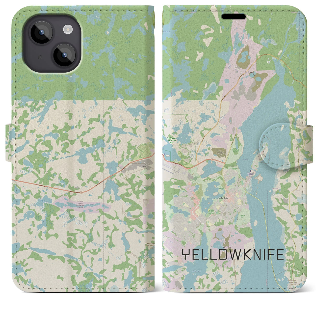 【イエローナイフ(カナダ)】地図柄iPhoneケース(手帳タイプ)ナチュラル・iPhone 14 Plus 用