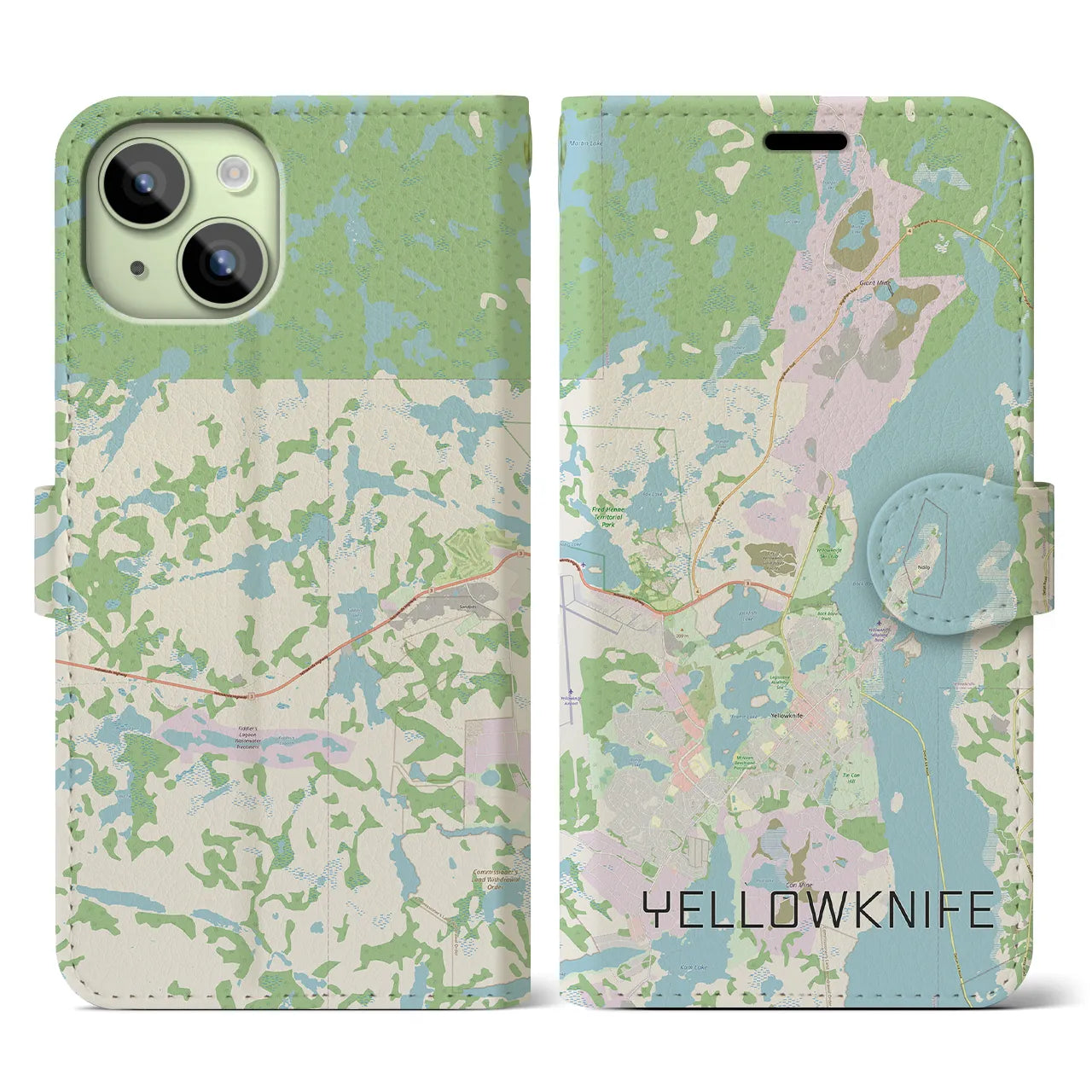 【イエローナイフ(カナダ)】地図柄iPhoneケース(手帳タイプ)ナチュラル・iPhone 15 用