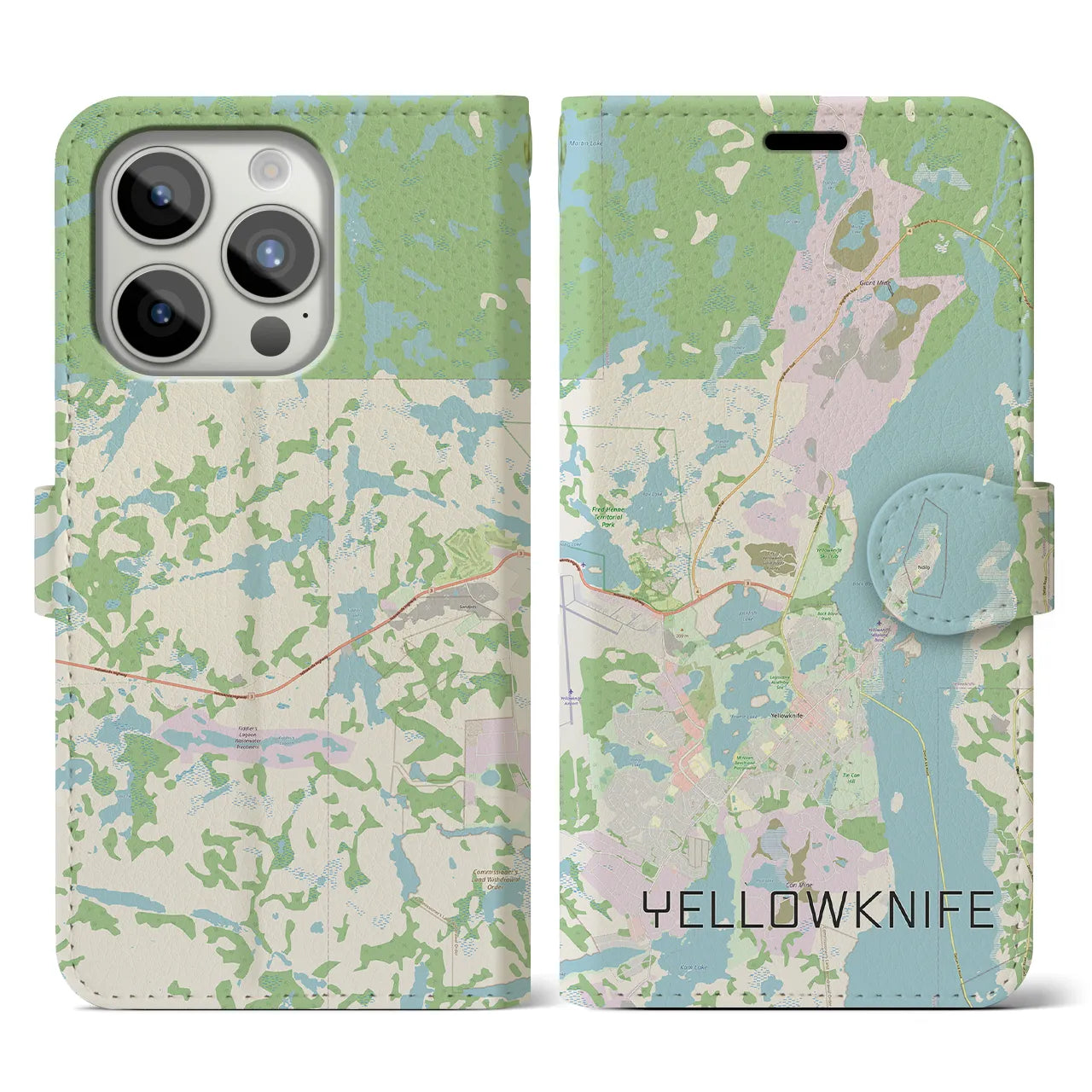 【イエローナイフ(カナダ)】地図柄iPhoneケース(手帳タイプ)ナチュラル・iPhone 15 Pro 用