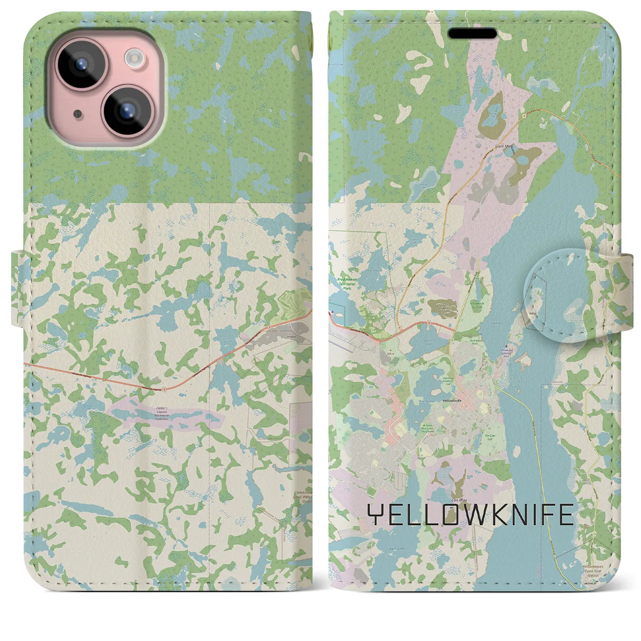 【イエローナイフ(カナダ)】地図柄iPhoneケース(手帳タイプ)ナチュラル・iPhone 15 Plus 用
