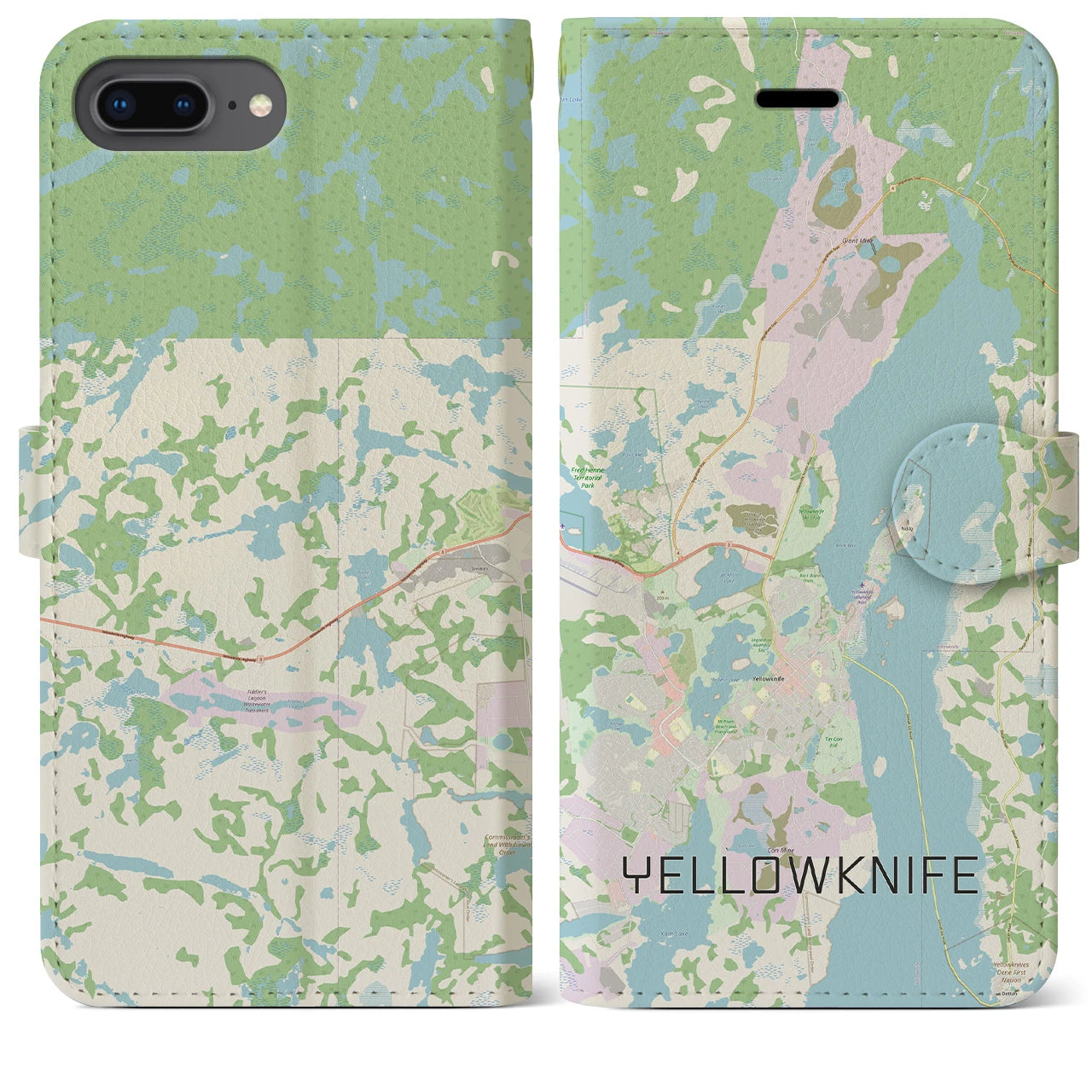 【イエローナイフ(カナダ)】地図柄iPhoneケース(手帳タイプ)ナチュラル・iPhone 8Plus /7Plus / 6sPlus / 6Plus 用