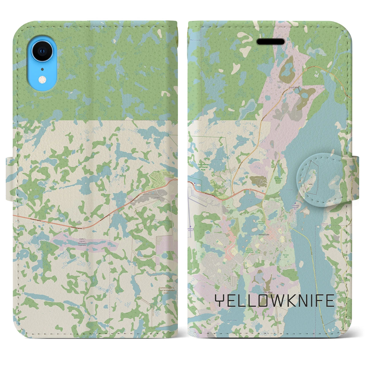 【イエローナイフ(カナダ)】地図柄iPhoneケース(手帳タイプ)ナチュラル・iPhone XR 用