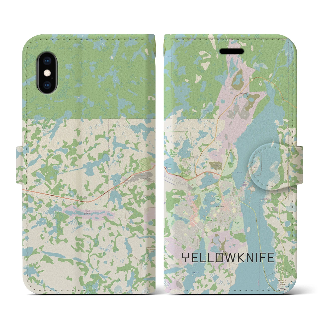 【イエローナイフ(カナダ)】地図柄iPhoneケース(手帳タイプ)ナチュラル・iPhone XS / X 用