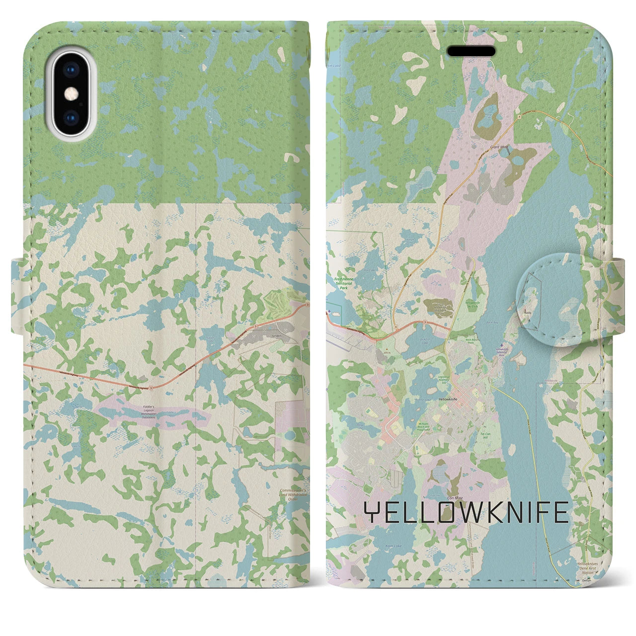 【イエローナイフ(カナダ)】地図柄iPhoneケース(手帳タイプ)ナチュラル・iPhone XS Max 用