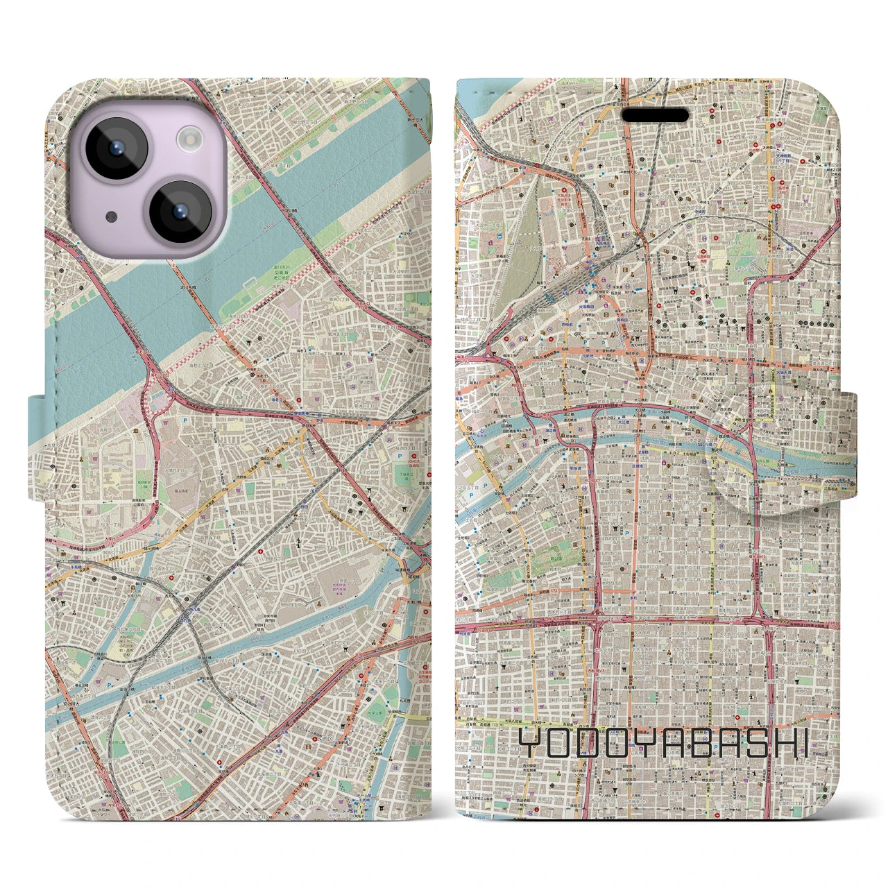 【淀屋橋(大阪府)】地図柄iPhoneケース(手帳タイプ)ナチュラル・iPhone 14 用