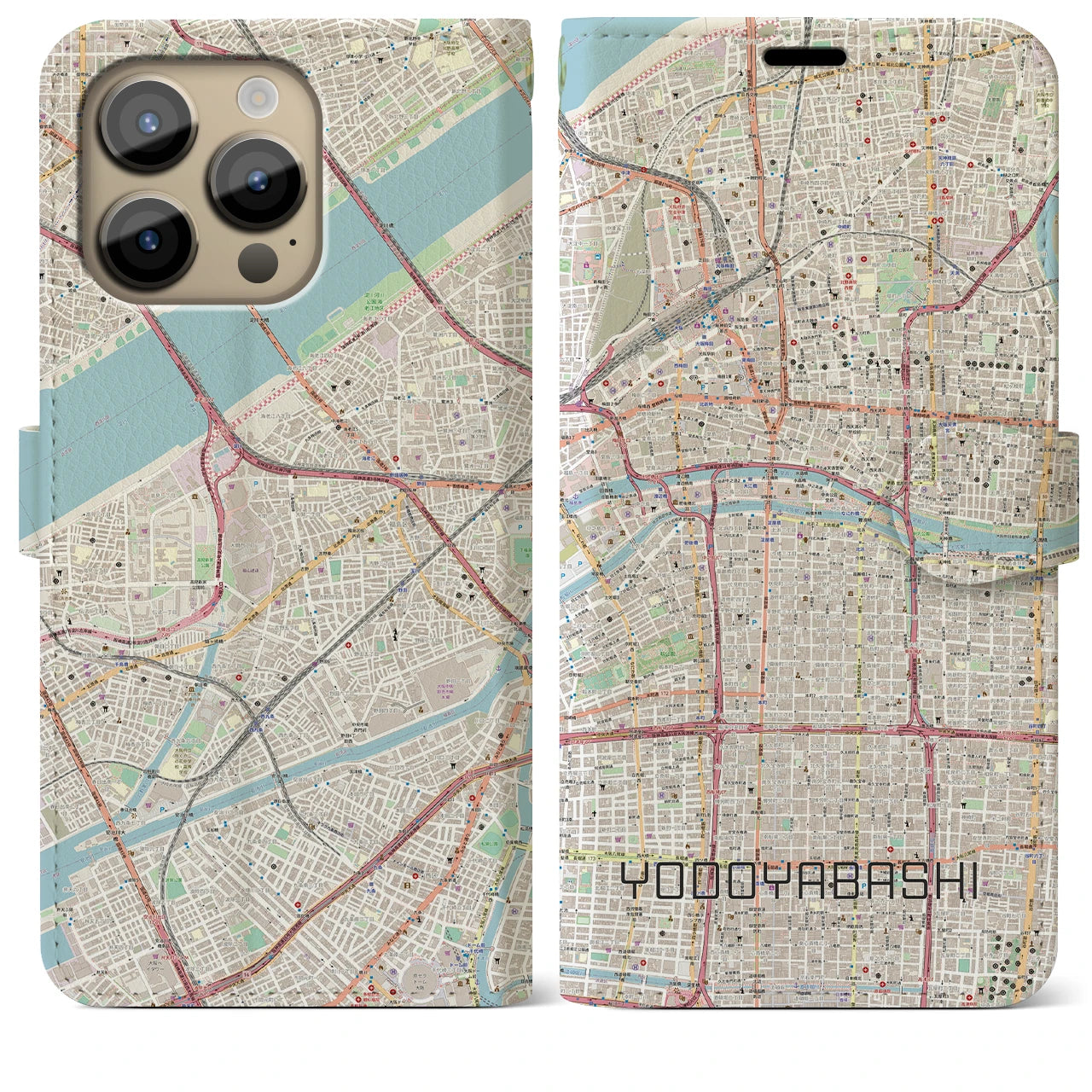 【淀屋橋(大阪府)】地図柄iPhoneケース(手帳タイプ)ナチュラル・iPhone 14 Pro Max 用