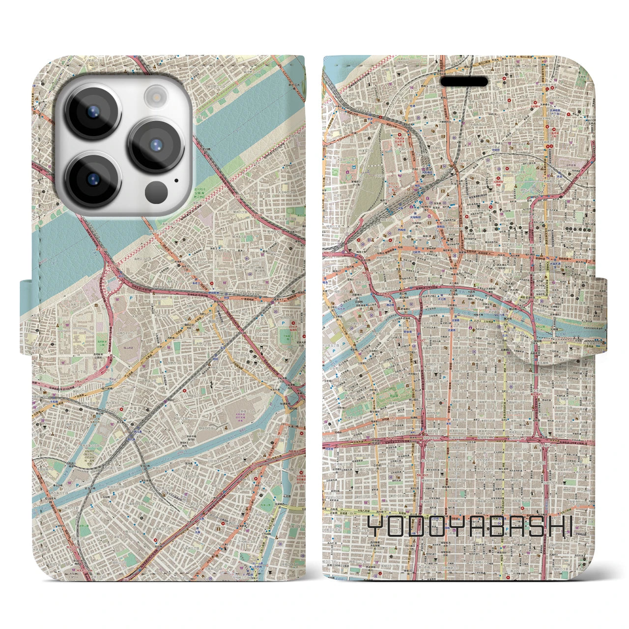 【淀屋橋(大阪府)】地図柄iPhoneケース(手帳タイプ)ナチュラル・iPhone 14 Pro 用