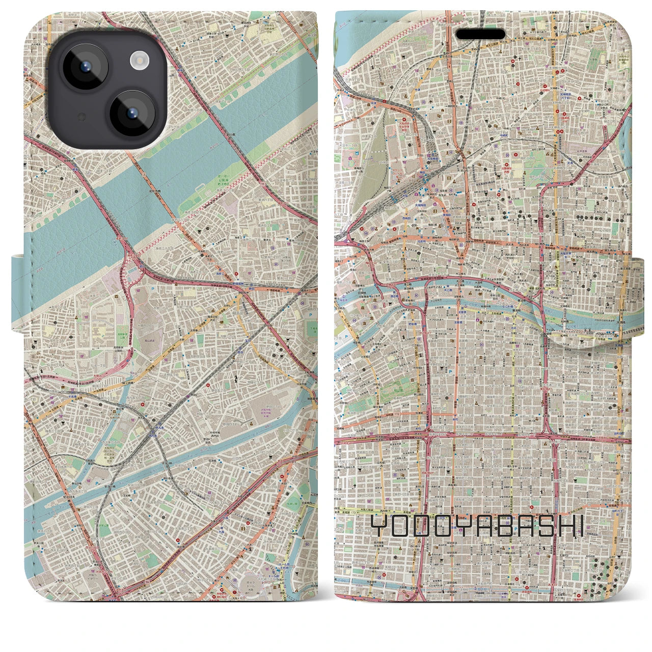【淀屋橋(大阪府)】地図柄iPhoneケース(手帳タイプ)ナチュラル・iPhone 14 Plus 用