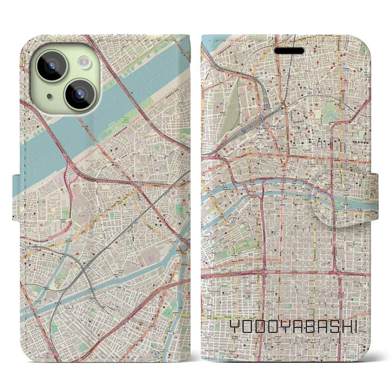 【淀屋橋(大阪府)】地図柄iPhoneケース(手帳タイプ)ナチュラル・iPhone 15 用