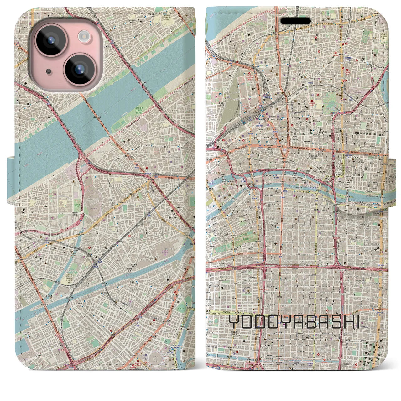 【淀屋橋(大阪府)】地図柄iPhoneケース(手帳タイプ)ナチュラル・iPhone 15 Plus 用