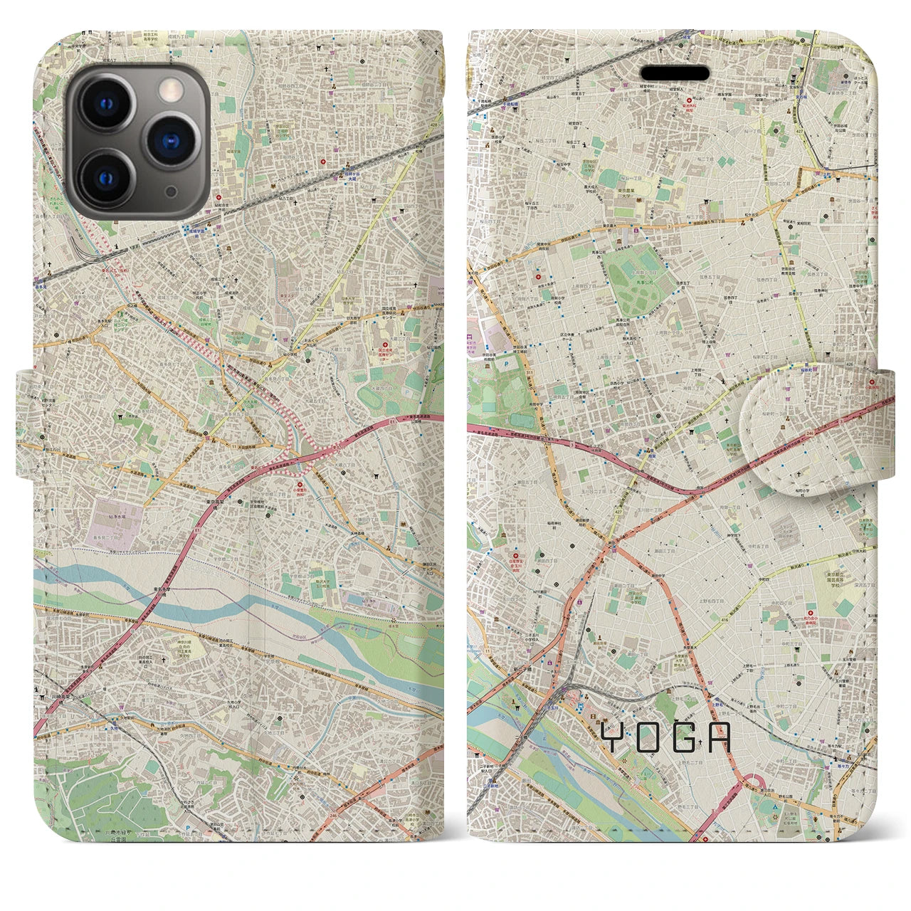 【用賀(東京都)】地図柄iPhoneケース(手帳タイプ)ナチュラル・iPhone 11 Pro Max 用