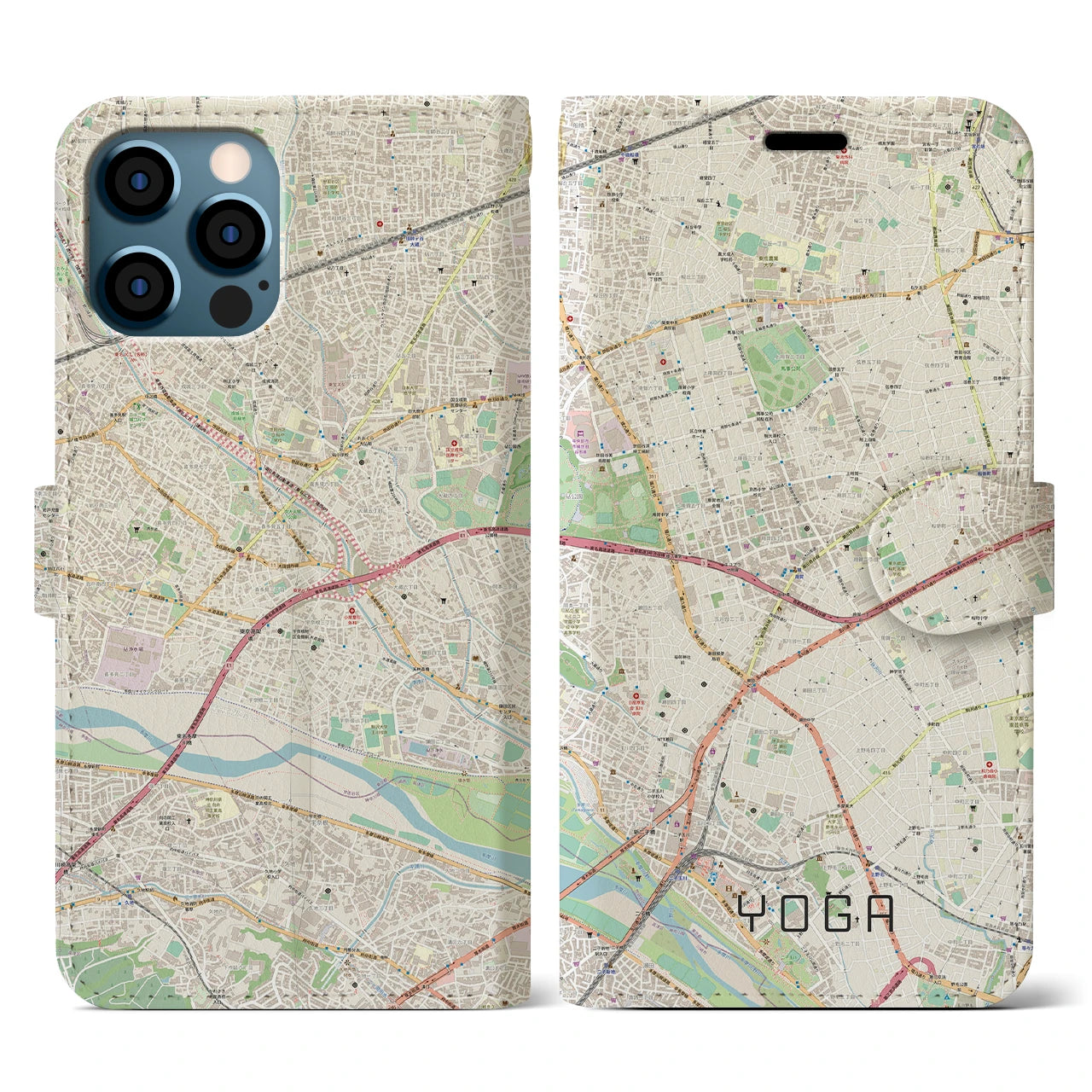 【用賀(東京都)】地図柄iPhoneケース(手帳タイプ)ナチュラル・iPhone 12 / 12 Pro 用