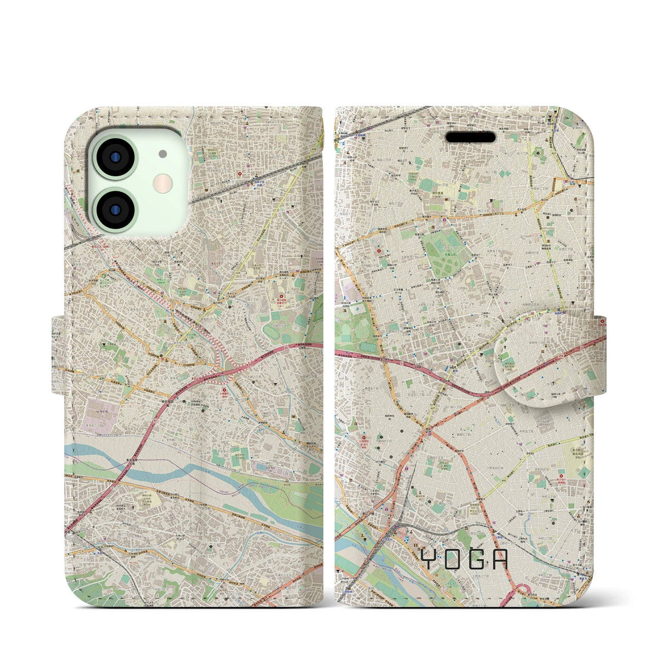 【用賀(東京都)】地図柄iPhoneケース(手帳タイプ)ナチュラル・iPhone 12 mini 用