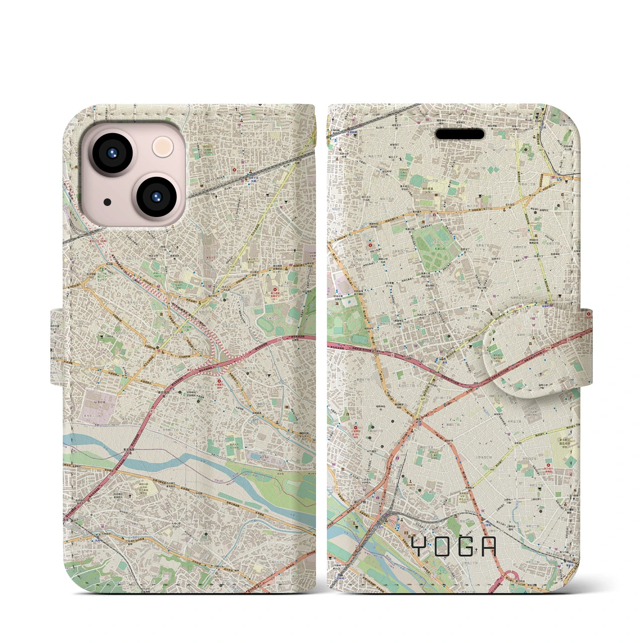 【用賀(東京都)】地図柄iPhoneケース(手帳タイプ)ナチュラル・iPhone 13 mini 用