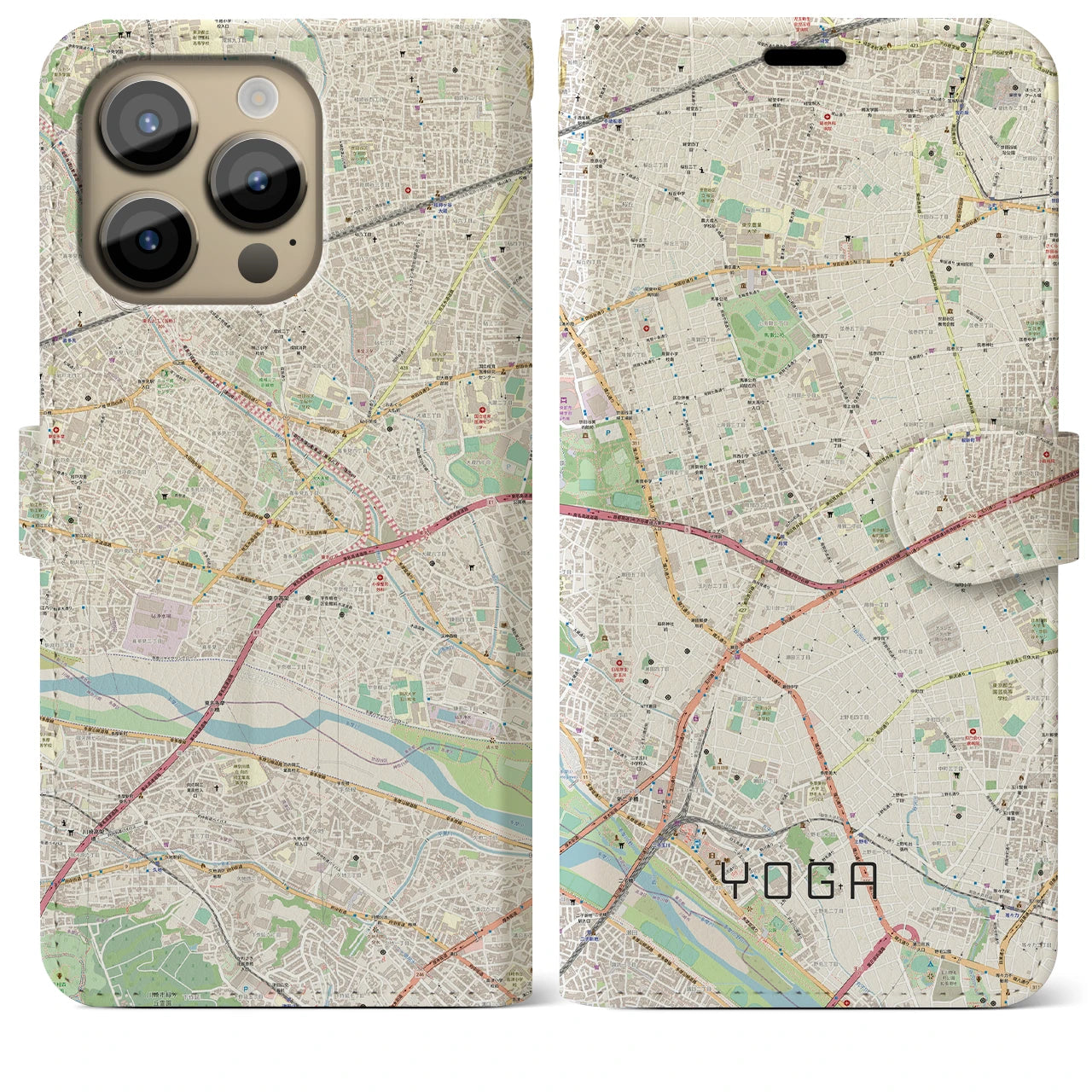 【用賀(東京都)】地図柄iPhoneケース(手帳タイプ)ナチュラル・iPhone 14 Pro Max 用