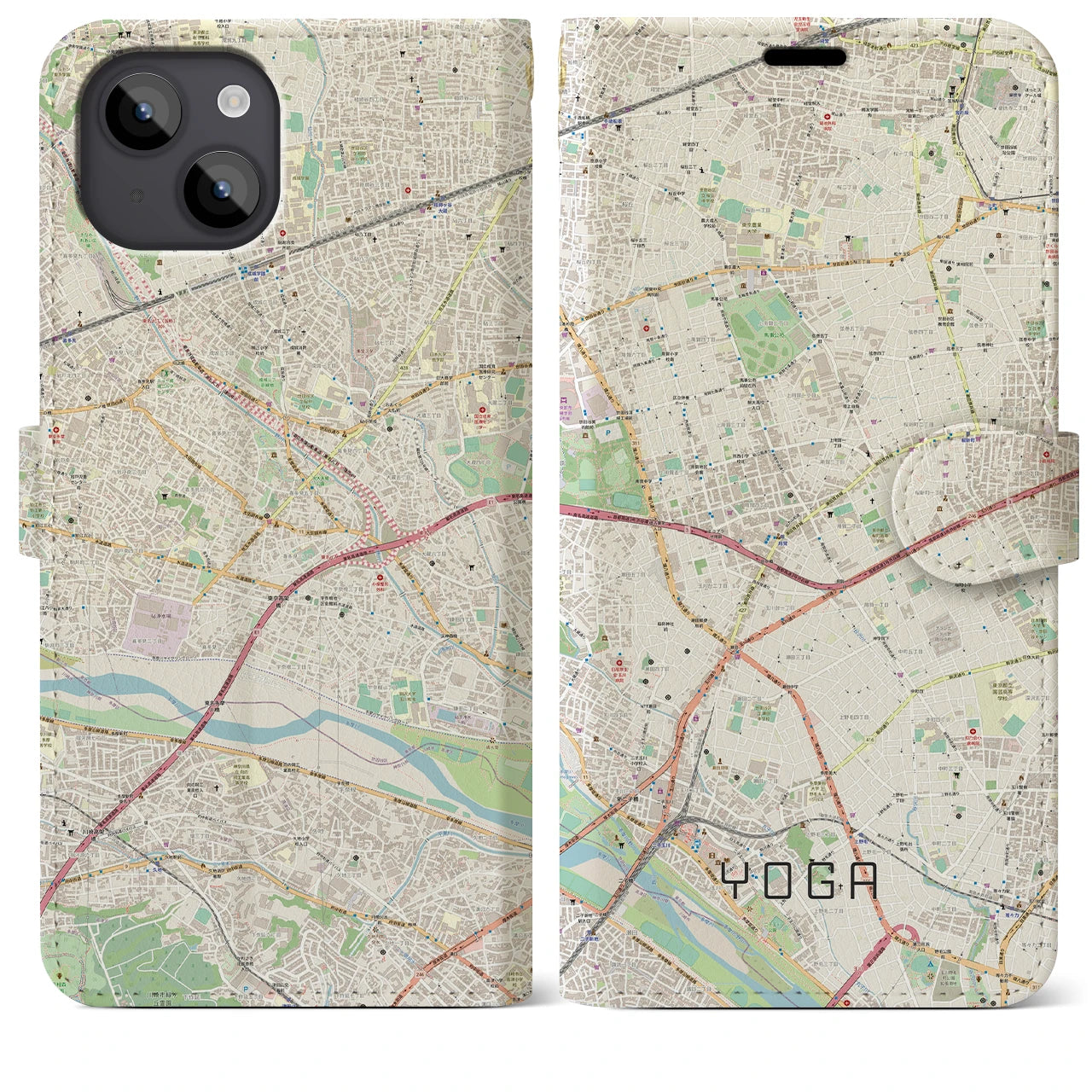 【用賀(東京都)】地図柄iPhoneケース(手帳タイプ)ナチュラル・iPhone 14 Plus 用