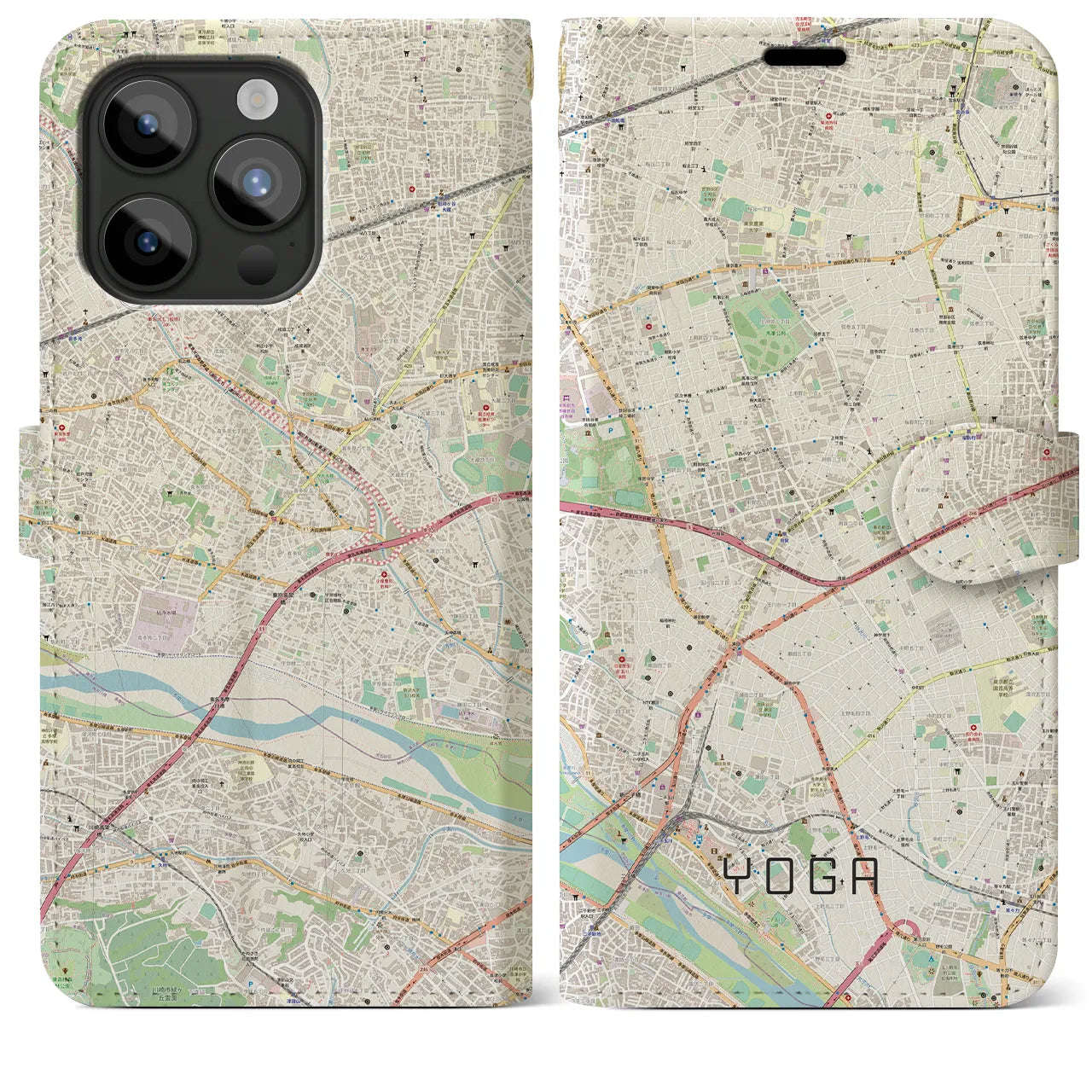 【用賀(東京都)】地図柄iPhoneケース(手帳タイプ)ナチュラル・iPhone 15 Pro Max 用