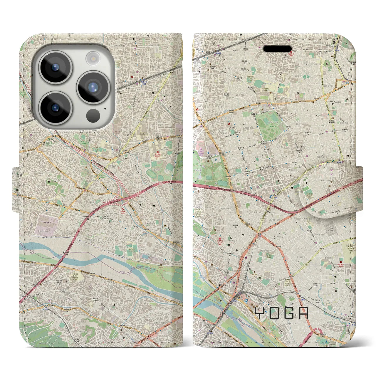 【用賀(東京都)】地図柄iPhoneケース(手帳タイプ)ナチュラル・iPhone 15 Pro 用