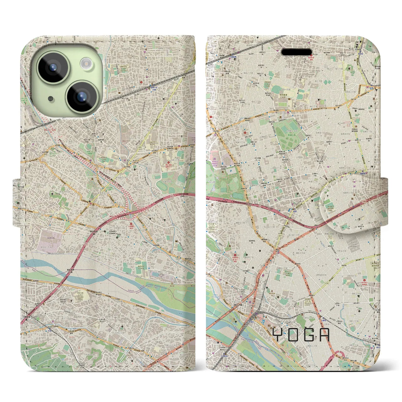 【用賀(東京都)】地図柄iPhoneケース(手帳タイプ)ナチュラル・iPhone 15 用