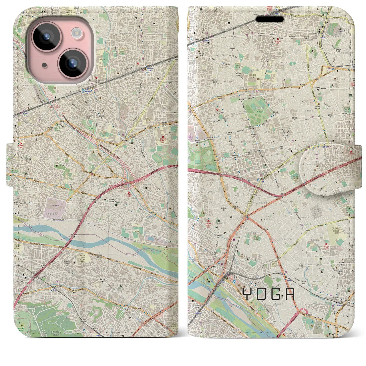 【用賀(東京都)】地図柄iPhoneケース(手帳タイプ)ナチュラル・iPhone 15 Plus 用