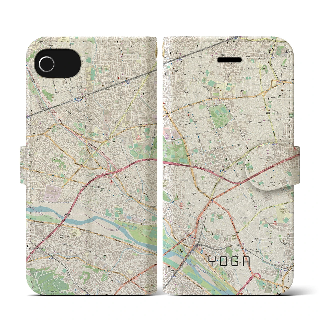 【用賀(東京都)】地図柄iPhoneケース(手帳タイプ)ナチュラル・iPhone SE(第3 / 第2世代) / 8 / 7 / 6s / 6 用