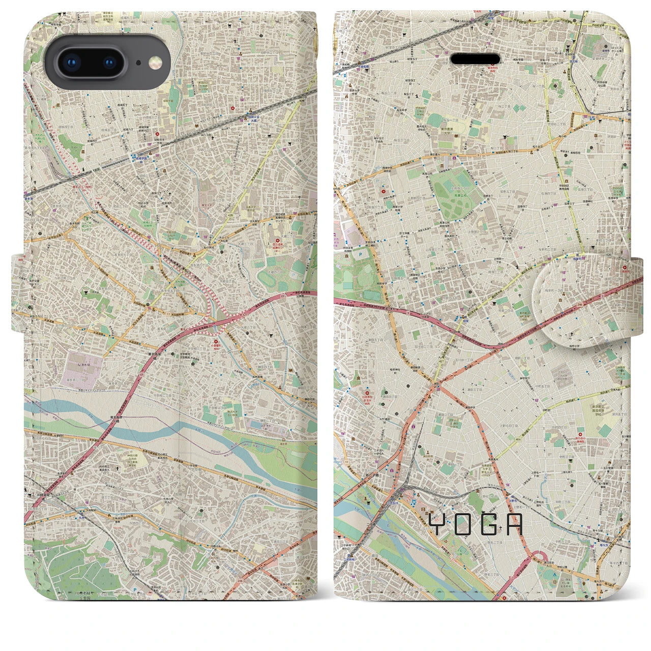 【用賀(東京都)】地図柄iPhoneケース(手帳タイプ)ナチュラル・iPhone 8Plus /7Plus / 6sPlus / 6Plus 用